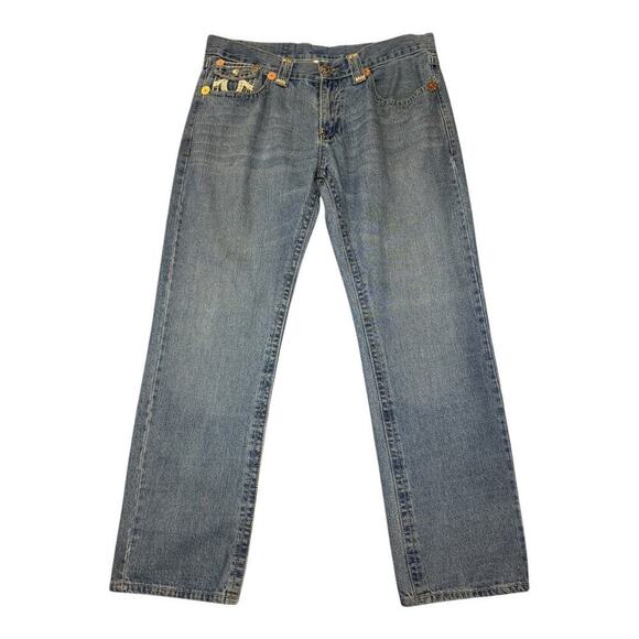 True Religion Men's Straight Jeans Joey Super T Blue‎ Size 38 Iconic Stitching - Picture 1 of 5